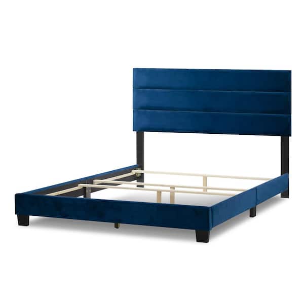 Glamour Home Aris Navy Blue Velvet Queen Bed with Line Stitching Tufting