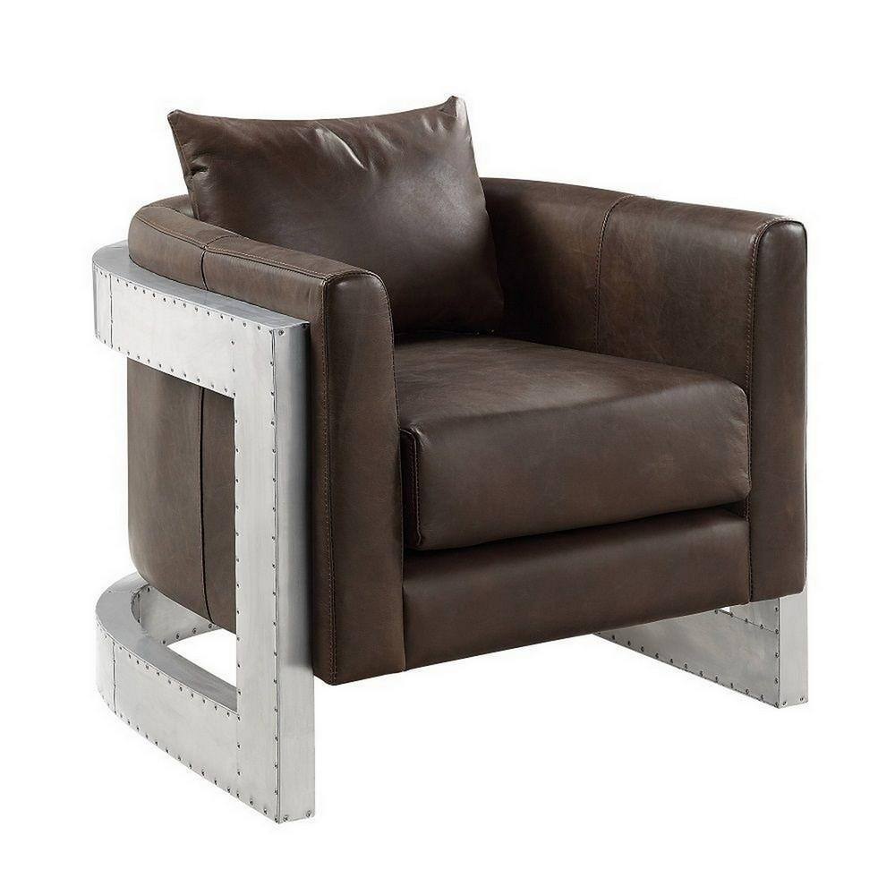 Jane 33" Brown Leather Accent Chair with Metal Frame