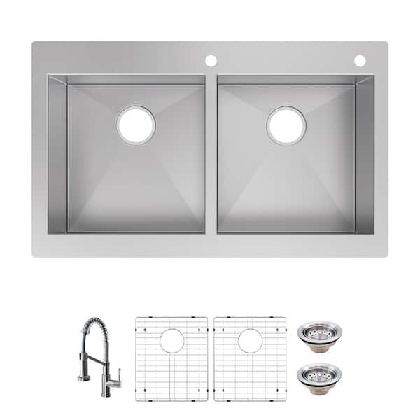 Professional Zero Radius 36 in. Drop-In 50/50 Double Bowl 16 Gauge Stainless Steel Kitchen Sink with Spring Neck Faucet