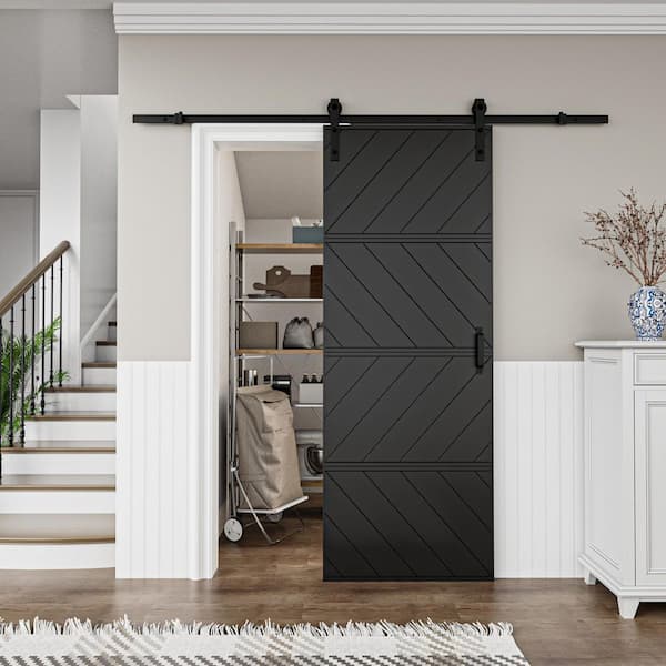 EH PUERTA 30 in. x 84 in. Paneled 4-Segments Wave Design Black MDF Sliding Barn Door Slab with Installation Hardware Kit