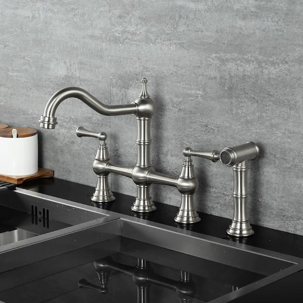 Brass 8 in. Double Handle Bridge Kitchen Faucet with Brass Valve, Side Sprayer and Supply Lines in Brushed Nickel