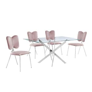 Hector 5-Piece Tempered Glass Top and Pink Table Set Seats 4