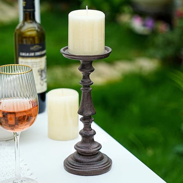 Antique Black Brown Cast Iron Pillar Candle Holder 9.6 in. Tall