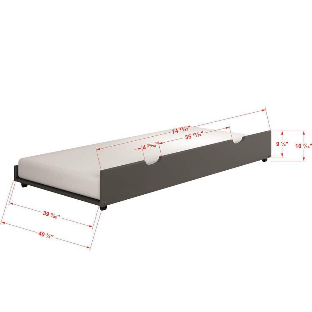 Dark Gray Pine Twin Trundle Bed with Casters