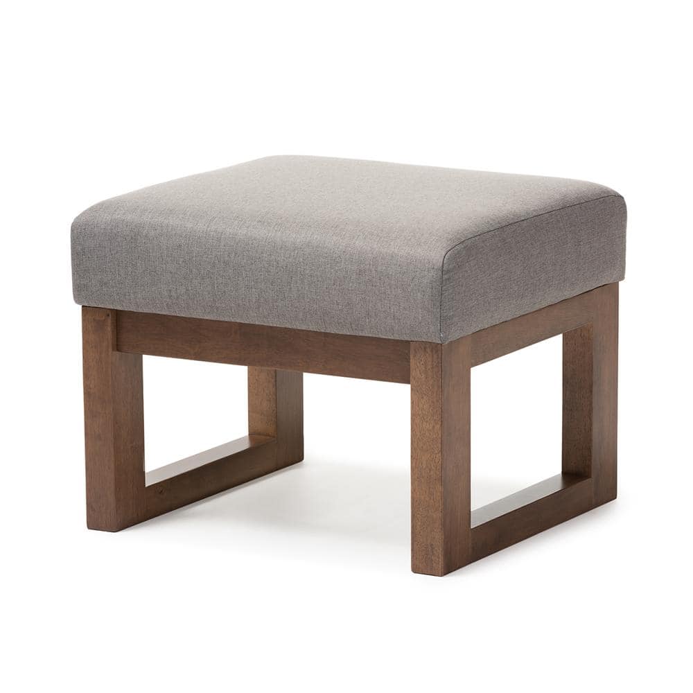 Gray Fabric Upholstered Walnut Wood Ottoman Stool
