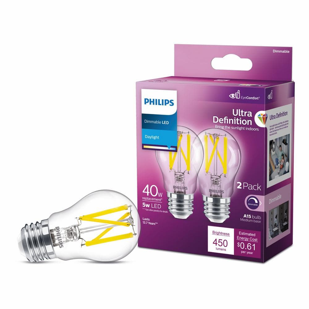 Philips 40-Watt Equivalent A15 Ultra Definition Dimmable Clear E26 LED Light Bulb EyeComfort Technology Daylight 5000K (2-Pack)