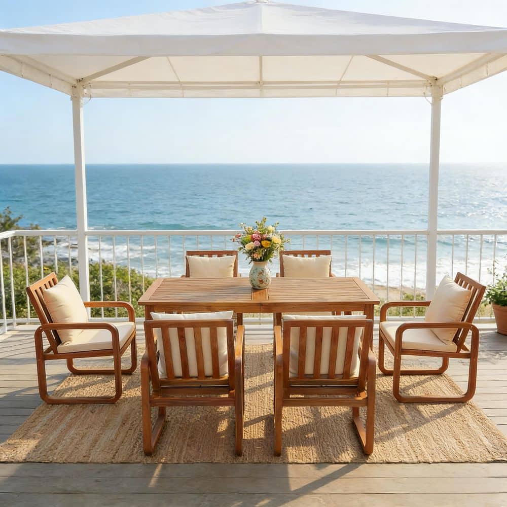 7-Piece Brown Wood Outdoor Dining Set with Removable Brown Cushions Includes 1 Dining Table and 6 Chairs for Patio price history on PriceWatchPro