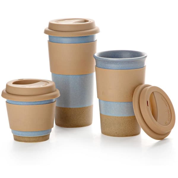 20 oz. Blue Ceramic Travel To GoCoffee Mug Set with Silicone Lid and Non-Slip Sleeve, Microwave Safe (Set of 3)