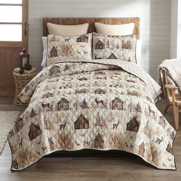 Antique Winter 3-Piece Tan & Beige Queen Quilt Set