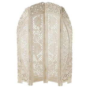 5 ft. Handmade Hinged Foldable Arched Partition White Floral 4 Panel Room Divider Screen with Intricately Carved Designs