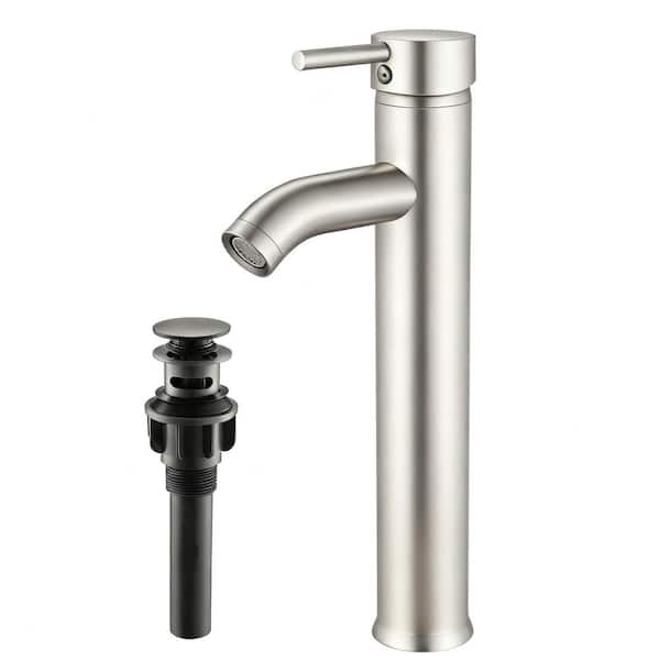Single Handle Vessel Sink Faucet Tall Bathroom Faucet with Pop-Up Drain in Brushed Nickel