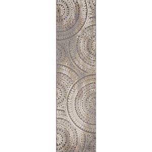 Spiral Medallion 2 ft. x 7 ft. Gray Geometric Runner Rug