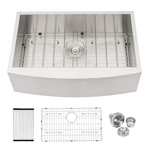 Brushed Nickel Stainless Steel 33 in. Single Bowl Farmhouse Apron Workstation Kitchen Sink with Bottom Rinse Grid