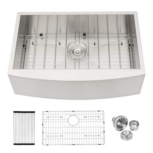 Whatseaso Brushed Nickel Stainless Steel 33 in. Single Bowl Farmhouse Apron Workstation Kitchen Sink with Bottom Rinse Grid