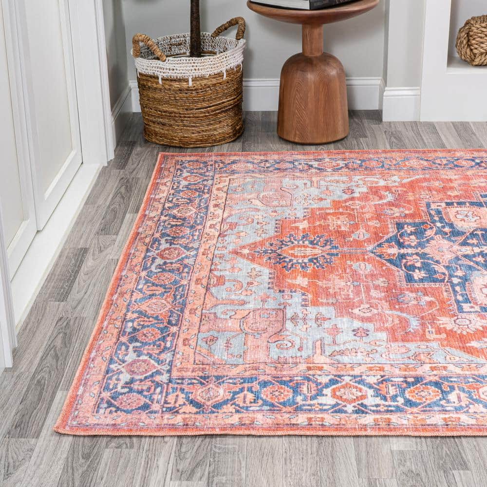 Maris Blue and Orange Medallion Washable Area Rug