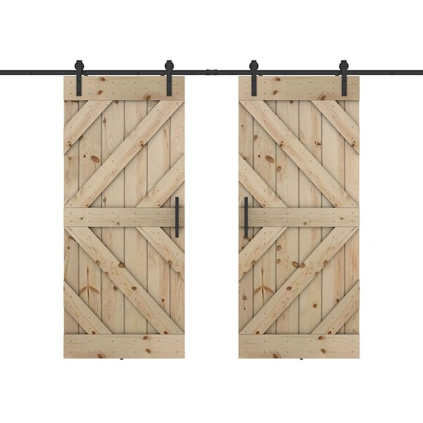 Dessliy Triple KL 48 in. x 84 in. Unfinished Pine Wood Sliding Barn Door with Hardware Kit (DIY)