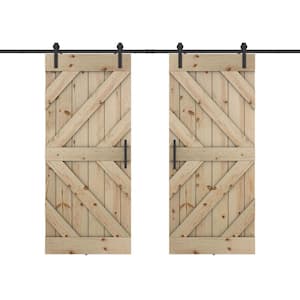 Triple KL 60 in. x 84 in. Fully Set Up Unfinished Pine Wood Sliding Barn Door with Hardware Kit