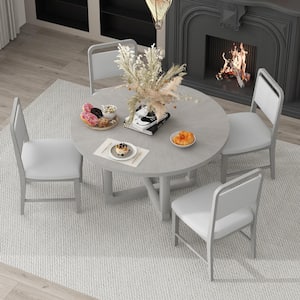 Retro 5 Piece Round Antique Gray MDF Top Table Dining Set with Radial Wood Grain Design, 4 Gray Linen Chairs