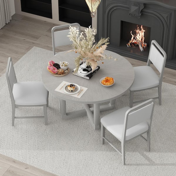 Harper & Bright Designs Retro 5 Piece Round Antique Gray MDF Top Table Dining Set with Radial Wood Grain Design, 4 Gray Linen Chairs