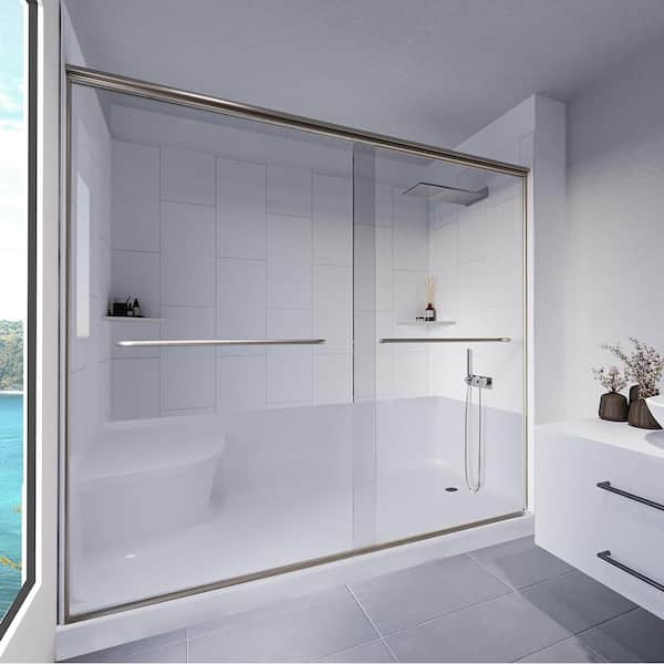 NuVo Winer White-Rainier 60 in. x 32 in. x 83 in. Base/Wall/Door Seated Base Alcove Shower Stall/Kit Brushed Nickel Right
