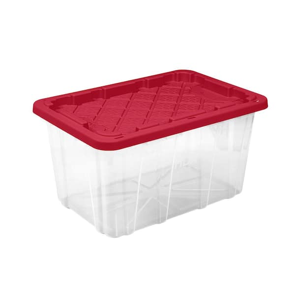 HDX 27 Gal. Tough Storage Tote in Clear with Red Lid