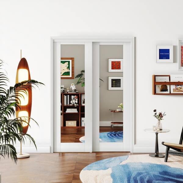 TENONER 72 in. x 80 in. MDF, White Double Mirrored Full Lite Glass