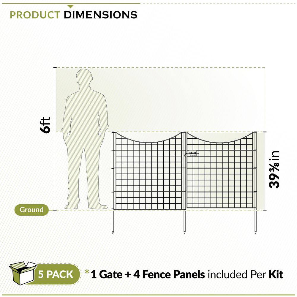 39in Black Powder-Coated Metal Garden Fence with Gate