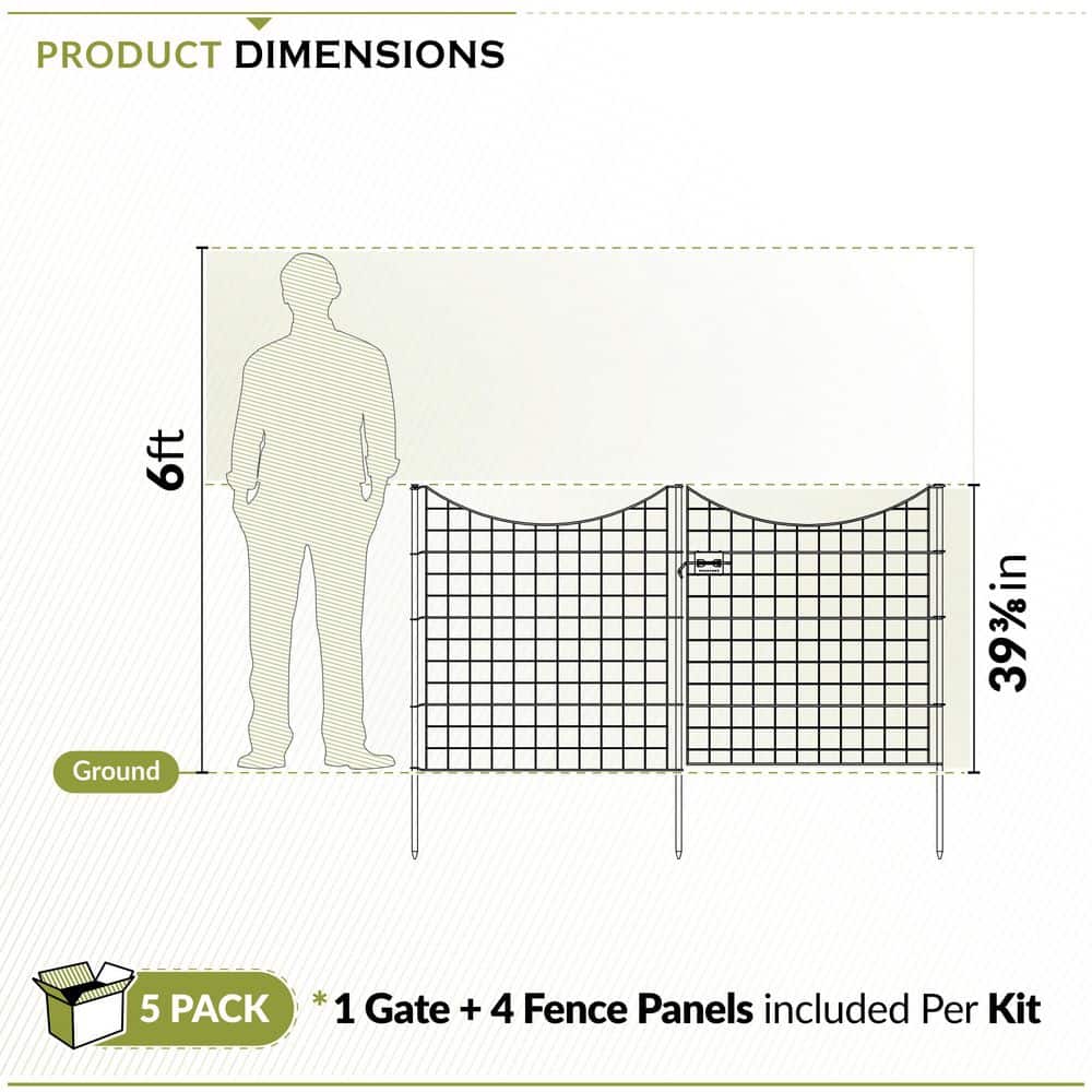39in Black Powder-Coated Metal Garden Fence with Gate