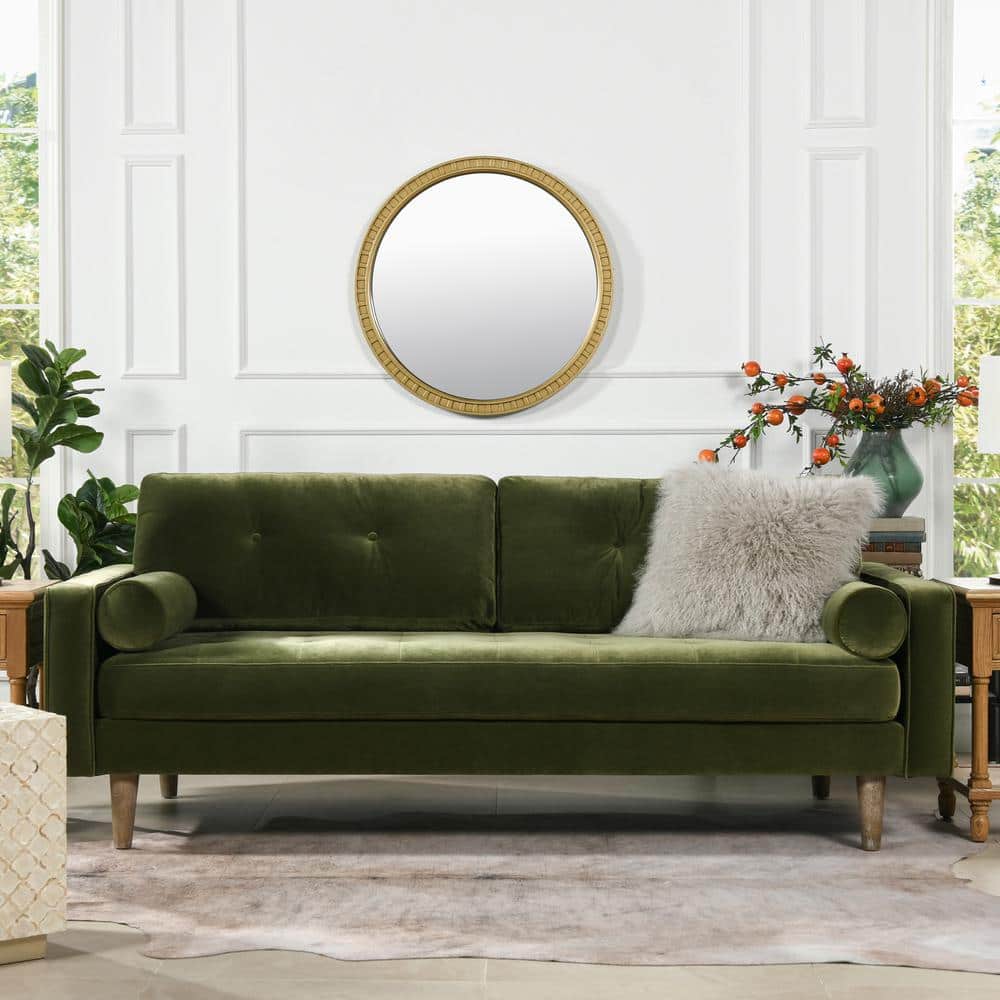 Olive Green Tufted Faux Leather Sofa with Wood Legs