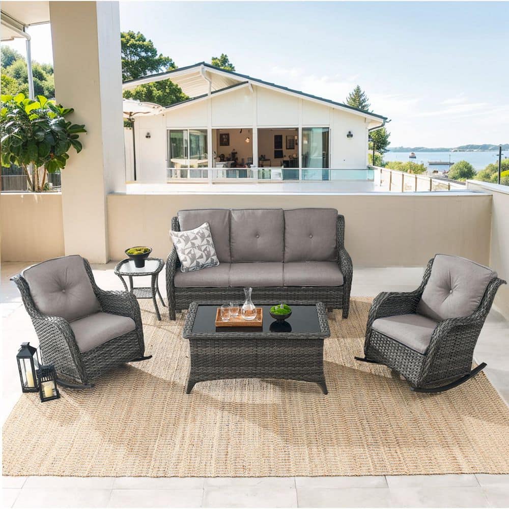 Carlos 5-Piece Gray Wicker Patio Conversation Set with Rocking Chairs, Gray Cushions and Side Table price history on PriceWatchPro