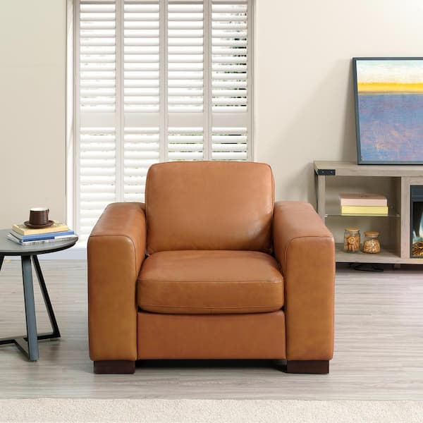 HOMESTOCK 39.7 in. W Square Arm Contemporary Oversized Genuine Leather Chair Tan
