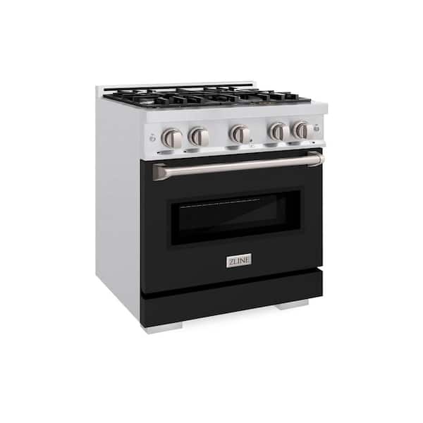 30 in. Classic Dual Fuel Range with 4 Burner Gas Cooktop and Electric Oven in Satin Steel with Black Matte Door