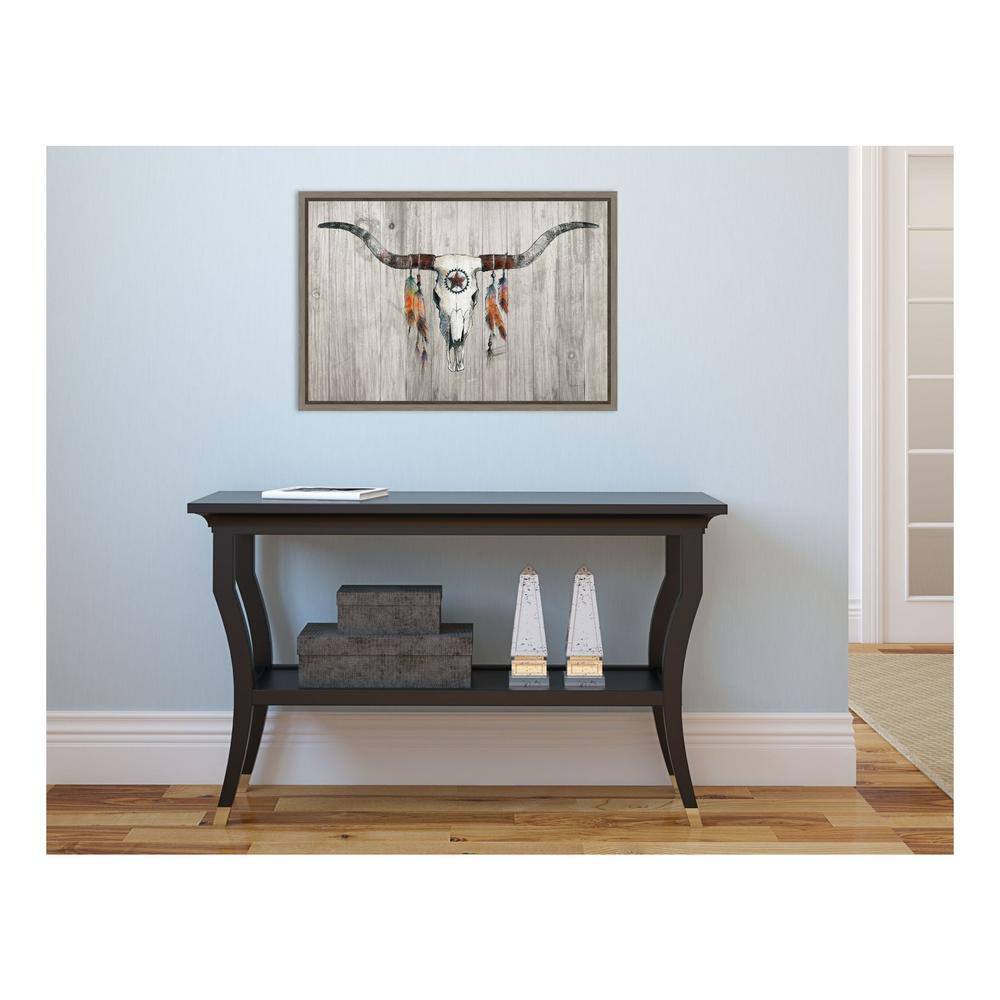 Rustic Longhorn Skull with Feathers Framed Canvas Art