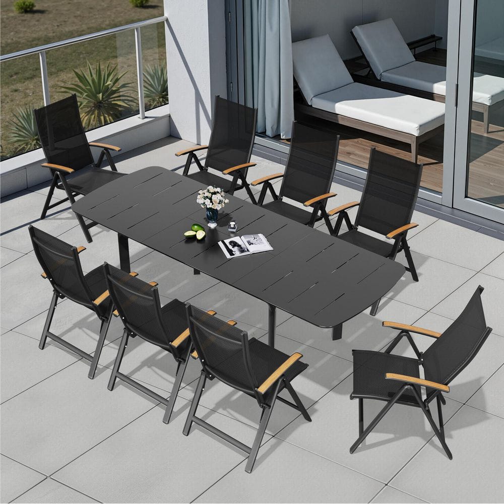 Black Aluminum Rectangular Outdoor Patio Dining Set, Table with Extension and Adjustable Reclining Chairs (9 Pieces) price history on PriceWatchPro