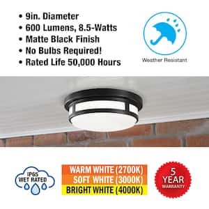 9 in. Round Black Indoor Outdoor LED Flush Mount Ceiling Light 600 Lumens 2700K 3000K 4000K Wet Rated
