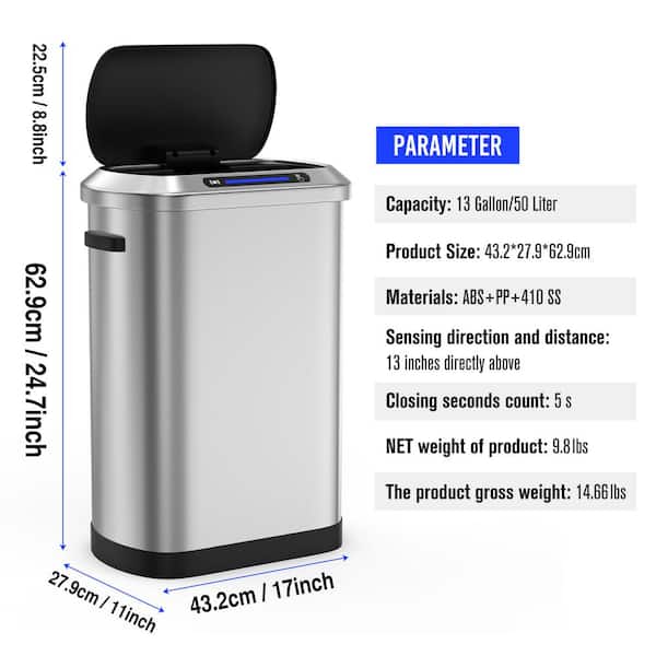 Kitchen Trash Can 13 Gallon Automatic Trash Can 50L Touch Free Garbage Can,  High