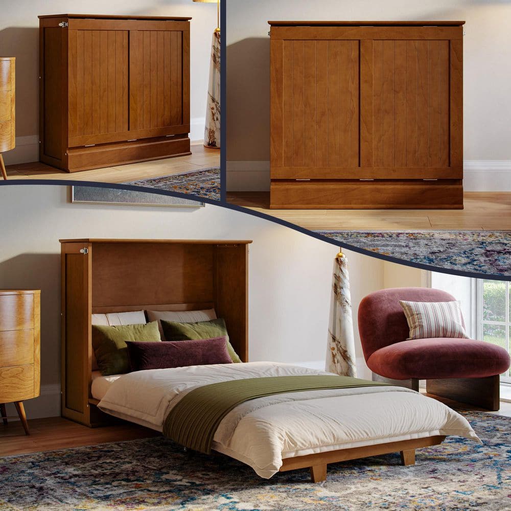 Winthrop Teak Brown Wood Frame Twin XL Murphy Bed Chest with 4 in. Mattress