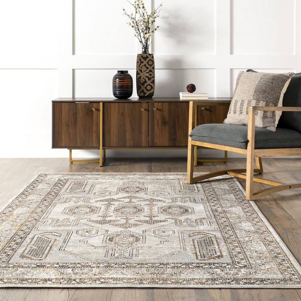 Gray and Beige 5' x 7' Traditional Washable Area Rug