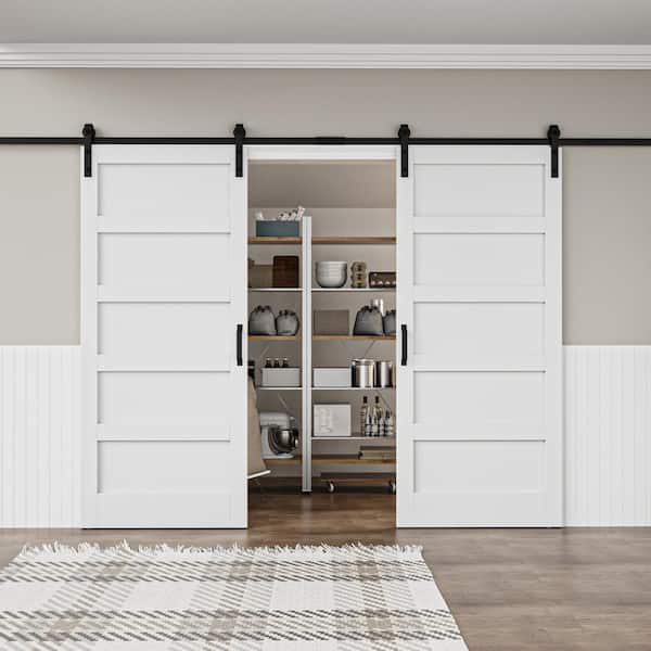 72 in. x 84 in. Paneled 5-Lites White MDF with PVC Finished Sliding Barn Door Slab with Hardware Kit and Soft Close
