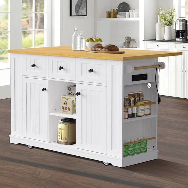 Harper & Bright Designs White Kitchen Cart with Drop-Leaf Tabletop, Door Internal Storage Racks, Power Outlet, 5 Open Side Racks