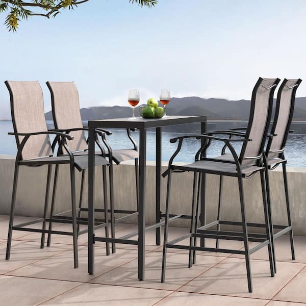 Black 5-Piece Textilene and Metal Outdoor Patio Bar Set with High Backrest and Tempered Glass Tabletop