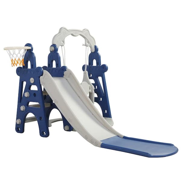 Blue 3-in-1 Kids Swing and Slide Set with Basketball Hoop for Indoor ...