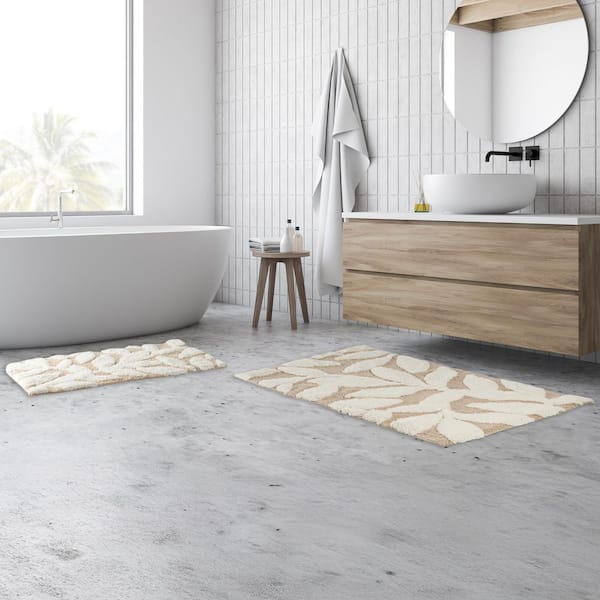 Natural Beige Botanical Cotton Rectangle 2-Piece Bathroom Rug Set