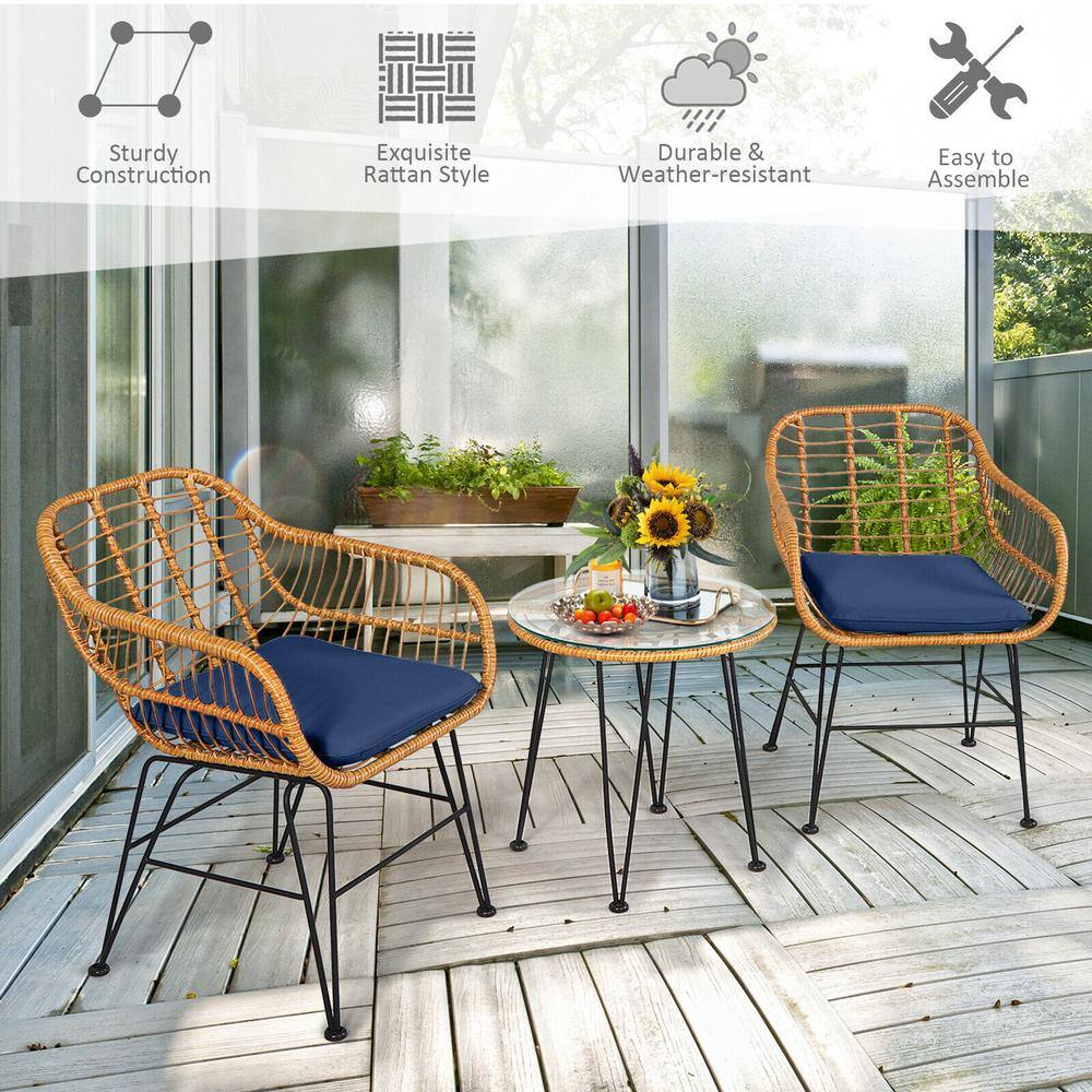 Navy Cushioned Rattan and Steel Outdoor Bistro Set