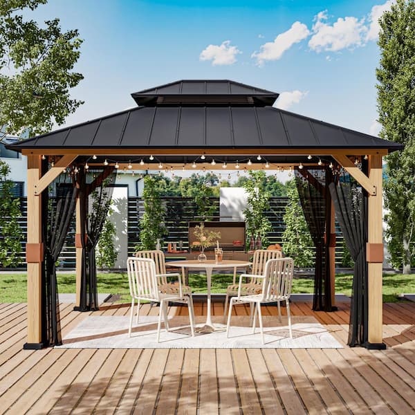 11 ft. x 13 ft. Outdoor Patio Wood Framed Gazebo with Double Hardtop Steel Slope Roof and Mosquito Net, Ceiling Hook