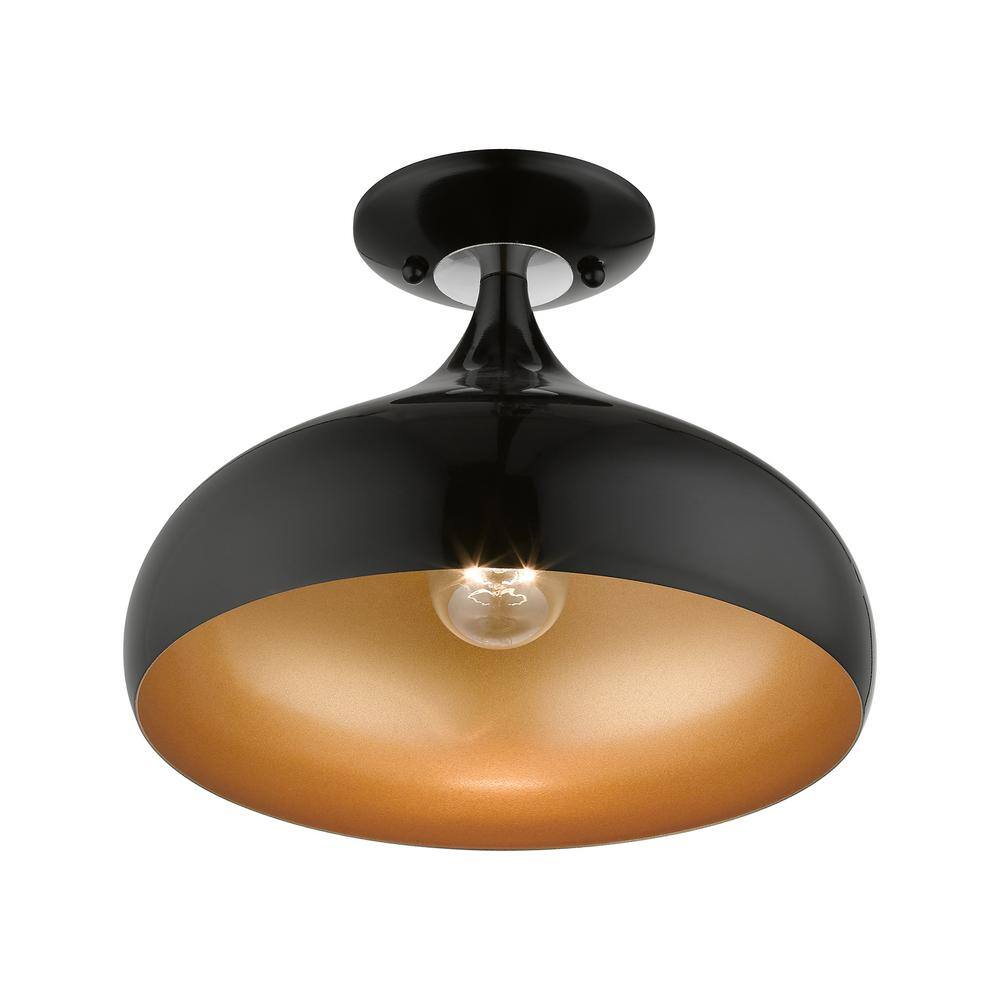 Amador Transitional 1-Light Semi-Flush Mount in Shiny Black with Gold Interior