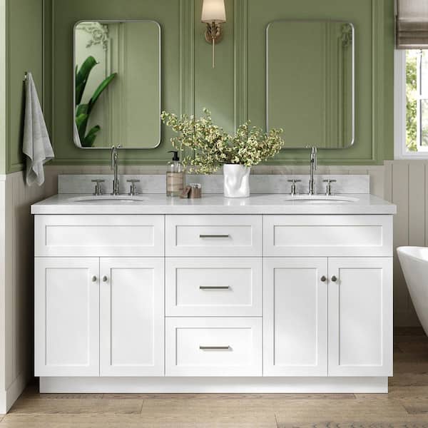 Hamlet 66 in. W x 22 in. D x 36 Double Sink Freestanding Bath Vanity in White with Carrara White Marble Top