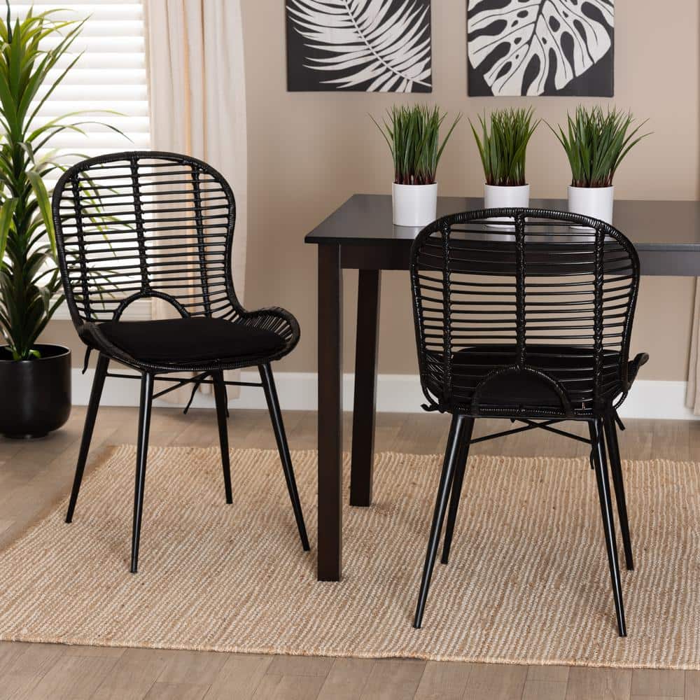 Bohemian Black Rattan & Metal Low-Back Side Chair Set