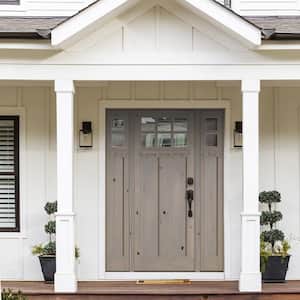 70 in. x 96 in. Craftsman Left Hand 6-Lite Clear Glass Grey Stain Wood Prehung Front Door/Sidelites with Dentil Shelf