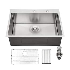 28 in. Drop-in/Topmount Single Bowl 16-Gauge Brushed Nickle Stainless Steel Kitchen Sink with Bottom Grid